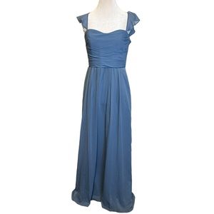 David’s Bridal Steel Blue Flutter Cap Sleeve Chiffon Floor Length Dress Size 6